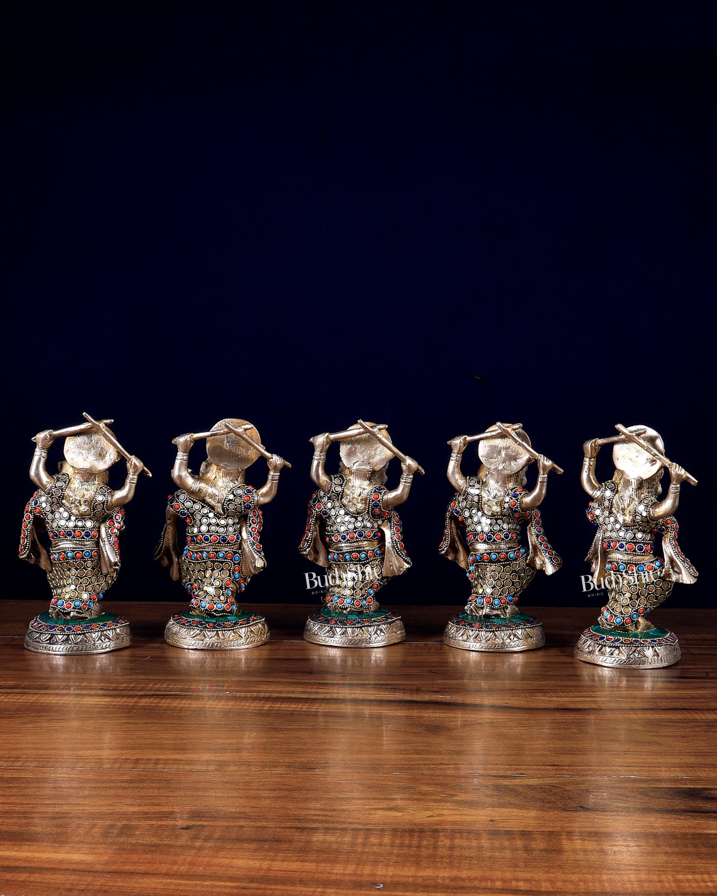 Brass Musical Ganesha Set of 5 with Stonework – 7.5 Inch | Premium Brass Idols | BudhShiv
