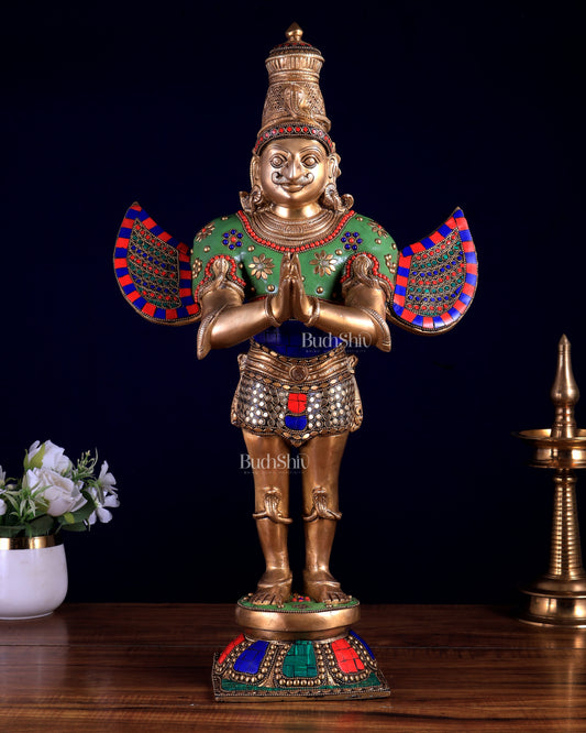 Brass Standing Garuda idol with Meenakari , 22" Tall,