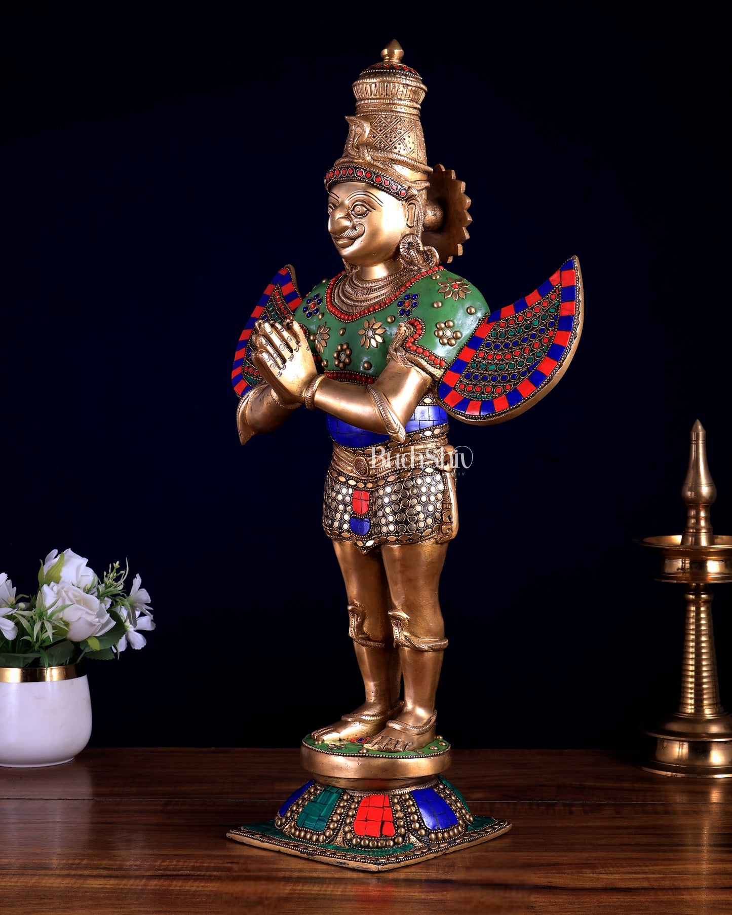 Brass Standing Garuda idol with Meenakari , 22" Tall,