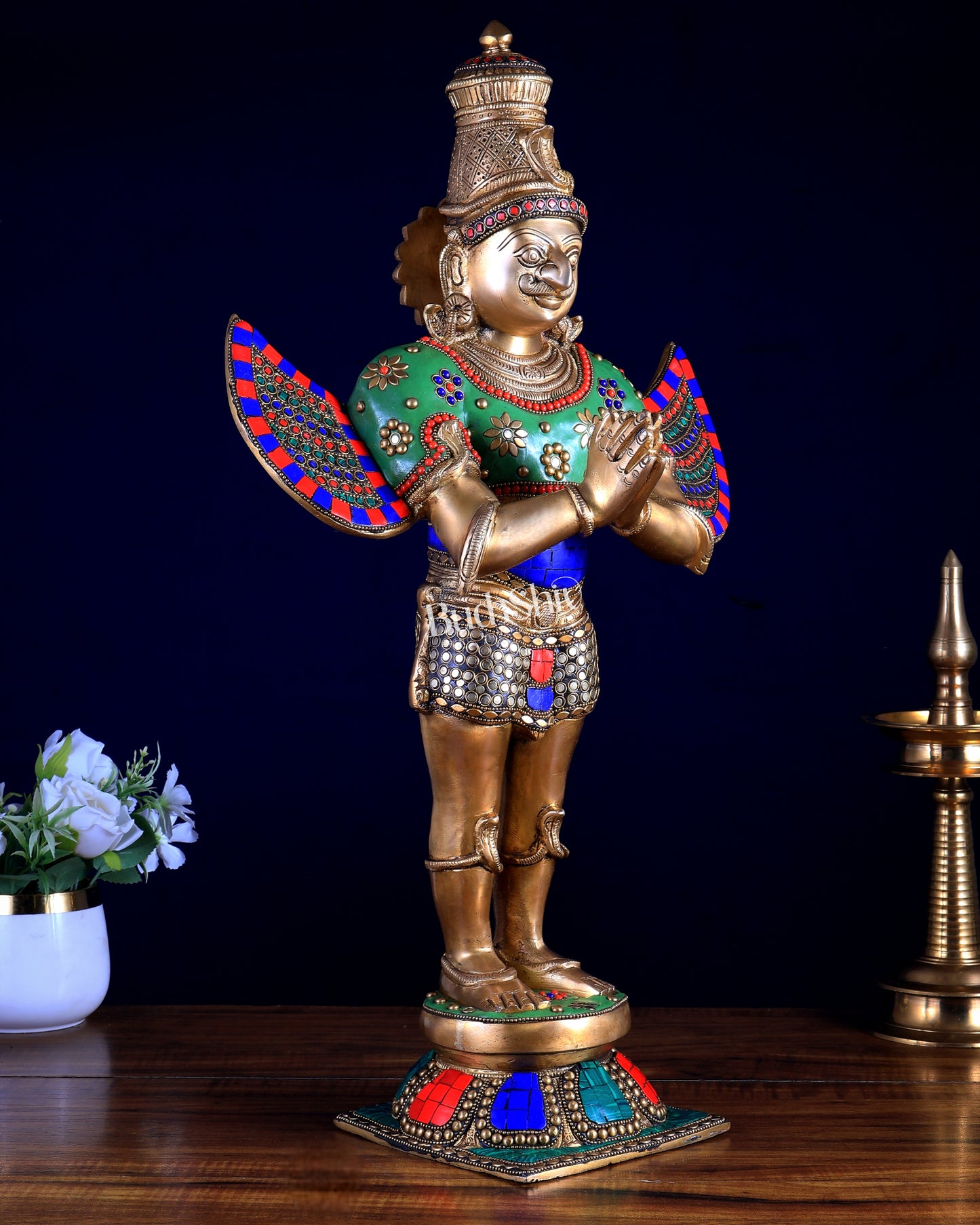 Brass Standing Garuda idol with Meenakari , 22" Tall,