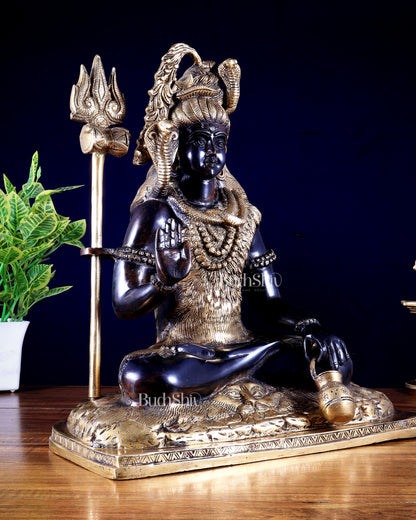 Pure Brass Lord Shiva Smiling Idol with Open Eyes 15" black gold