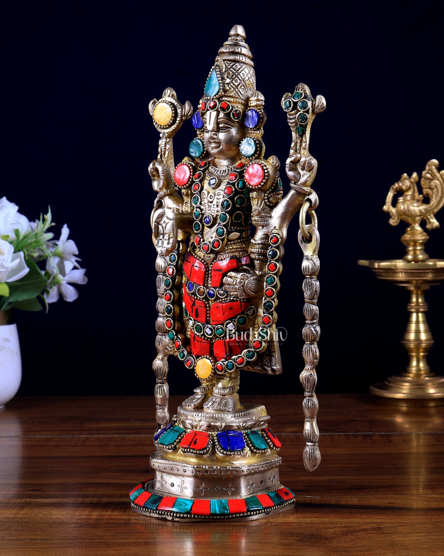 Brass Superfine Tirupati Balaji Lord Venkateshwara Idol with Meenakari Stonework – 11 Inch | BudhShiv