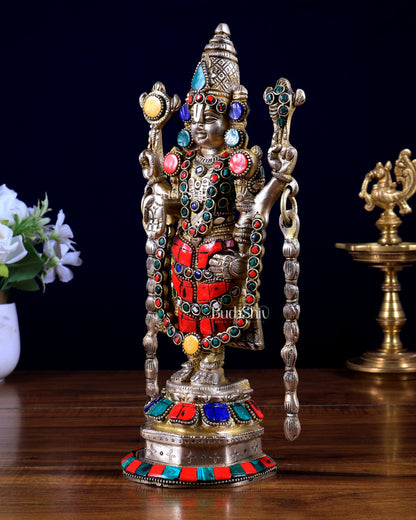 Brass Superfine Tirupati Balaji Lord Venkateshwara Idol with Meenakari Stonework – 11 Inch | BudhShiv