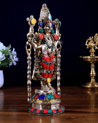 Brass Superfine Tirupati Balaji Lord Venkateshwara Idol with Meenakari Stonework – 11 Inch | BudhShiv