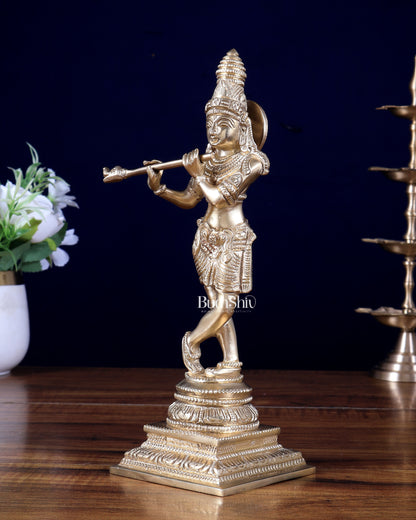 Premium Brass Lord Krishna Sleek Idol – 9 Inch | Elegant Brass Krishna Statue | BudhShiv