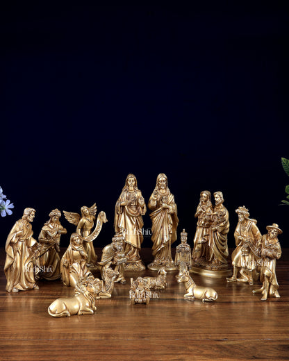 Pure Brass Nativity Set of 17 pcs – Intricately Carved Birth of Jesus Scene 7 inch