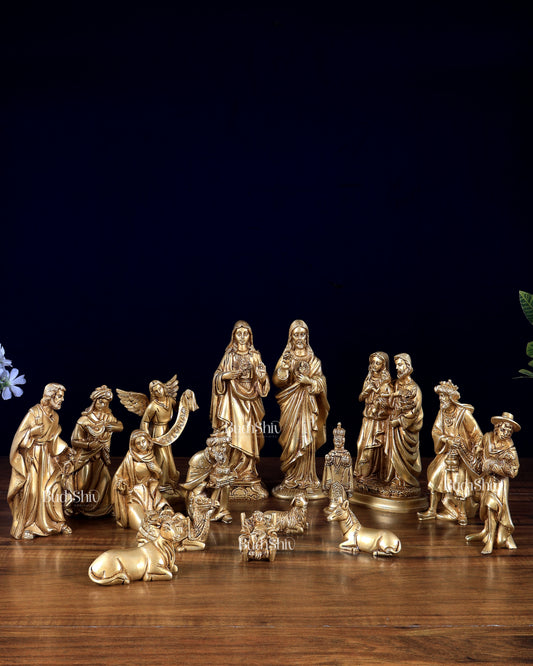 Pure Brass Nativity Set of 17 pcs – Intricately Carved Birth of Jesus Scene 7 inch