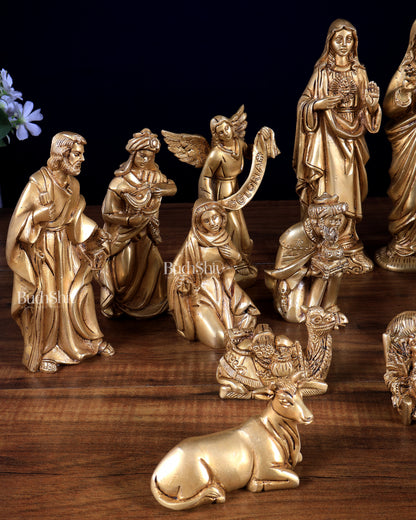 Pure Brass Nativity Set of 17 pcs – Intricately Carved Birth of Jesus Scene 7 inch
