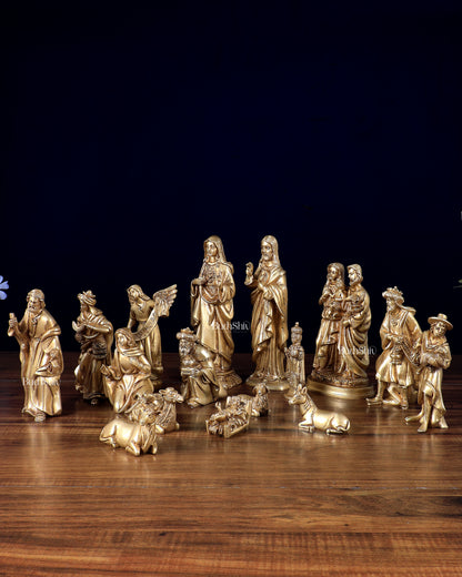 Pure Brass Nativity Set of 17 pcs – Intricately Carved Birth of Jesus Scene 7 inch