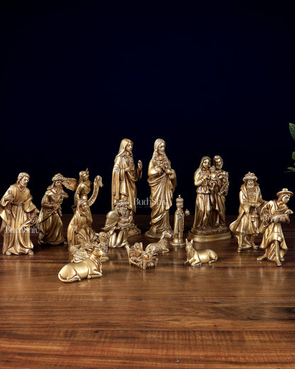 Pure Brass Nativity Set of 17 pcs – Intricately Carved Birth of Jesus Scene 7 inch