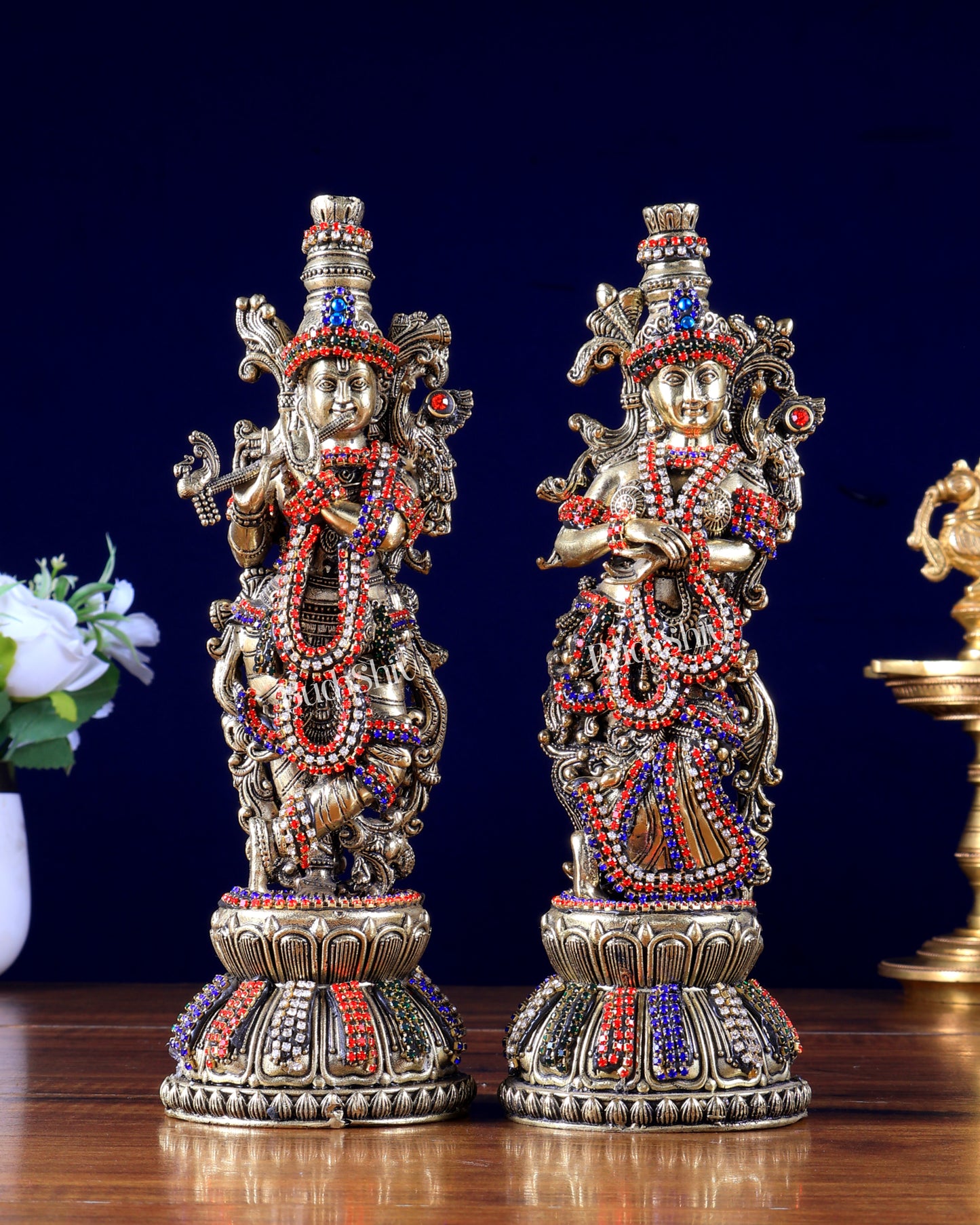 Pure Brass Superfine Radha Krishna Idols with Jewellery work 11" Tall