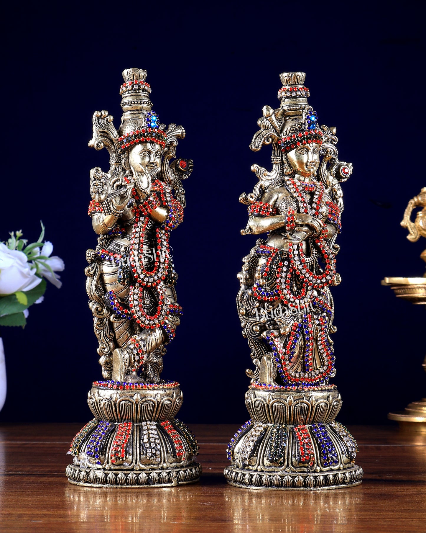 Pure Brass Superfine Radha Krishna Idols with Jewellery work 11" Tall