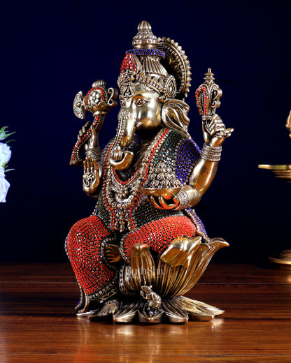 Pure Brass Ganesha Idol with Jewellery Meenakari | 10 Inch
