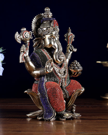 Pure Brass Ganesha Idol with Jewellery Meenakari | 10 Inch