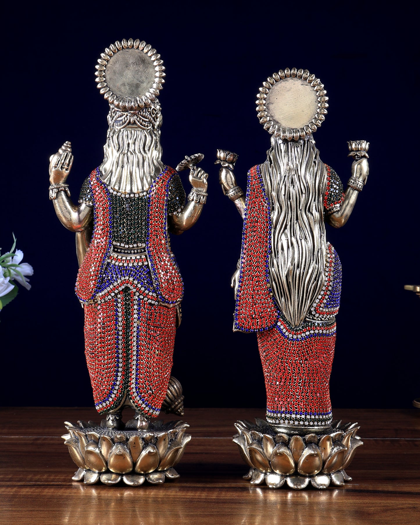 Brass Standing Vishnu Lakshmi Idol Pair with jewellers meenakari