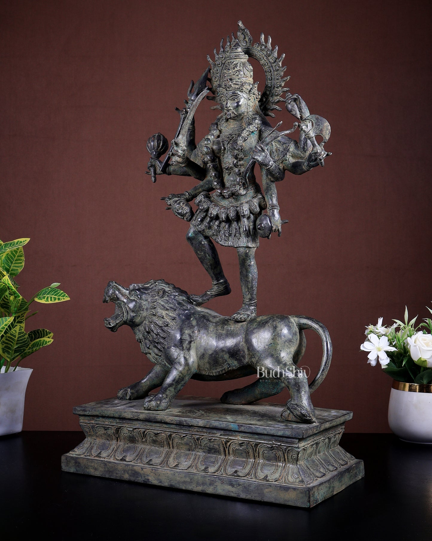 Bronze Mahakali Standing on Lion – Lost Wax Museum Grade Sculpture 21 inch