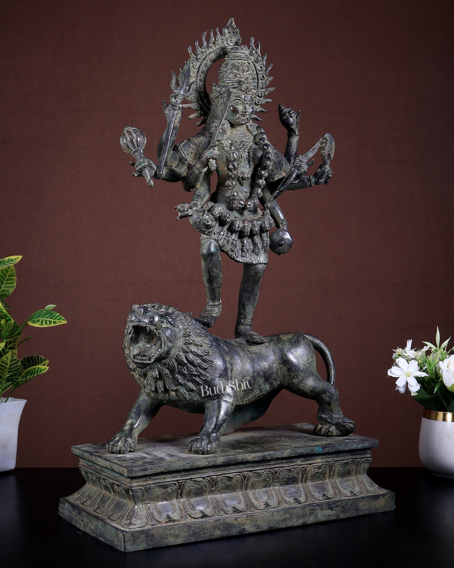 Bronze Mahakali Standing on Lion – Lost Wax Museum Grade Sculpture 21 inch