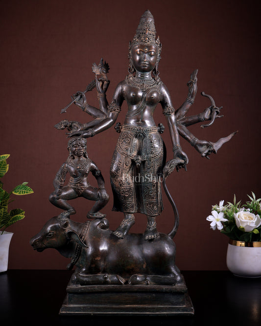 Balinese Durga Mahishasuramardini Statue in Antique Patina – Indonesian Brass Sculpture 22 inch tall