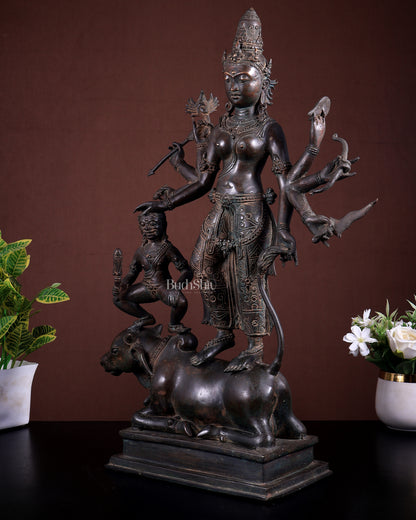 Balinese Durga Mahishasuramardini Statue in Antique Patina – Indonesian Brass Sculpture 22 inch tall