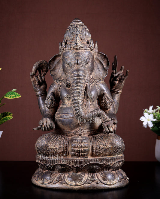 Bronze Lord Ganesha Seated Sculpture | 15 Inch Lost Wax Casting | 7 Kg Museum Style Idol