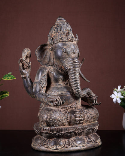 Bronze Lord Ganesha Seated Sculpture | 15 Inch Lost Wax Casting | 7 Kg Museum Style Idol
