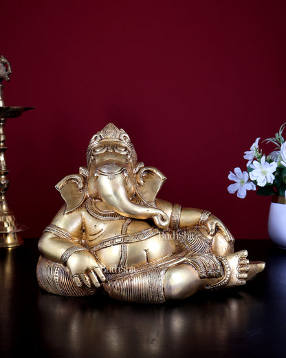Brass Resting Lord Ganesha Statue | 10 inch Decorative Idol for Home & Gift