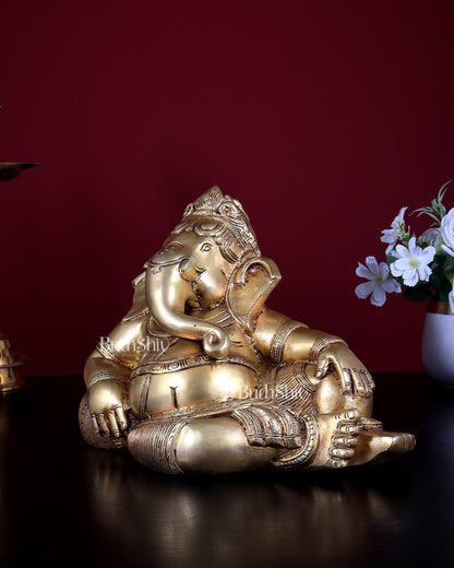 Brass Resting Lord Ganesha Statue | 10 inch Decorative Idol for Home & Gift