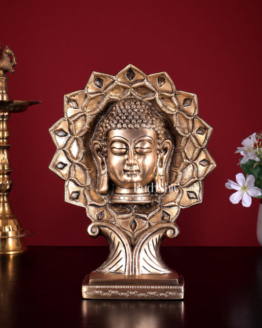 Brass Buddha Face Table Decor Showpiece | Antique Finish | 9.5 Inch Brass Buddha Sculpture
