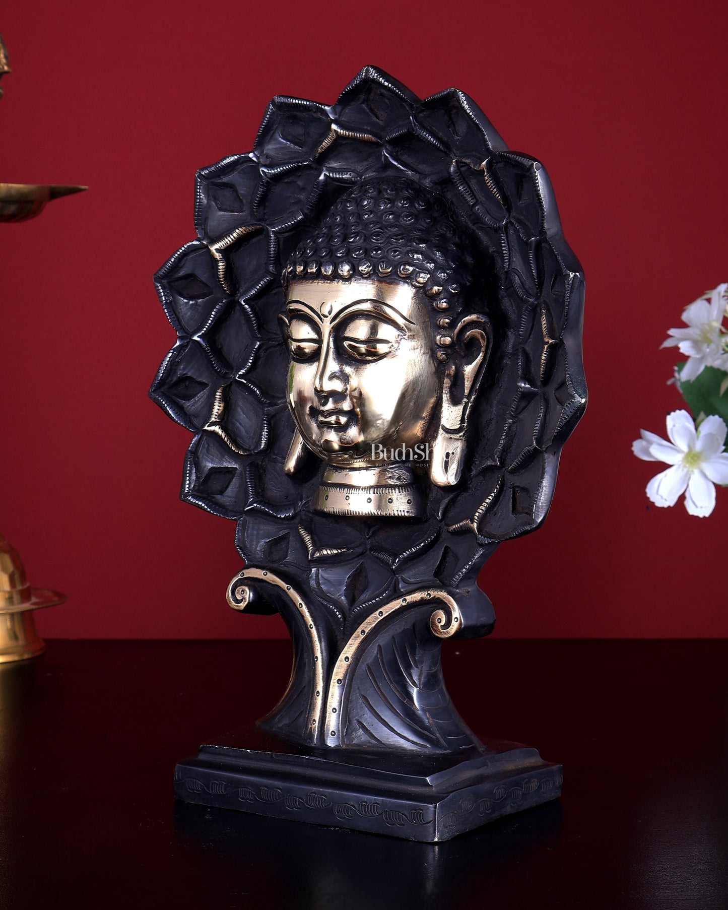 Brass Buddha Face Table Decor Showpiece | Antique Finish | 9.5 Inch Brass Buddha Sculpture black finish