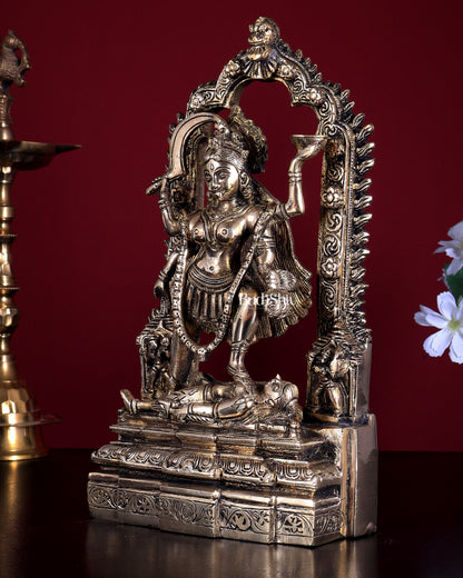 Pure Brass Kali Statue with Shiva & Skull Garland | 10.5 Inch Arch Idol