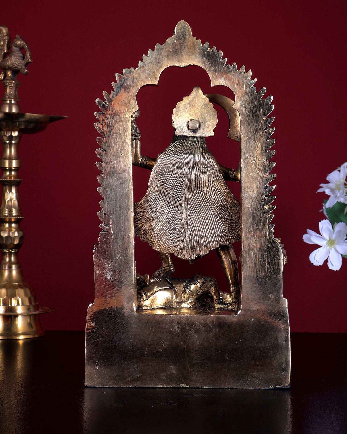 Pure Brass Kali Statue with Shiva & Skull Garland | 10.5 Inch Arch Idol