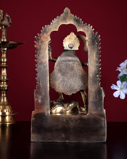 Pure Brass Kali Statue with Shiva & Skull Garland | 10.5 Inch Arch Idol