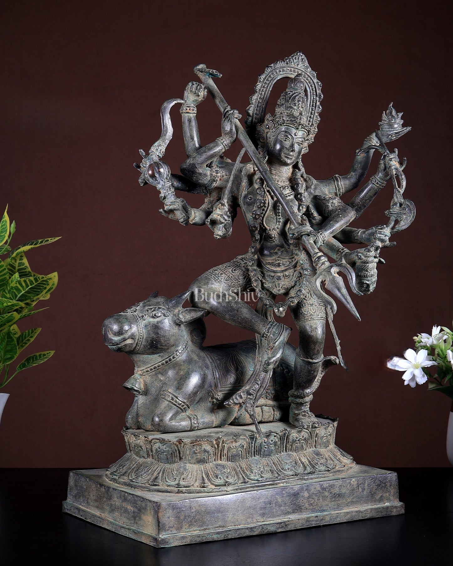 Bronze Adishakti Durga with Nandi Sculpture – Vintage Patina Finish 18 inch