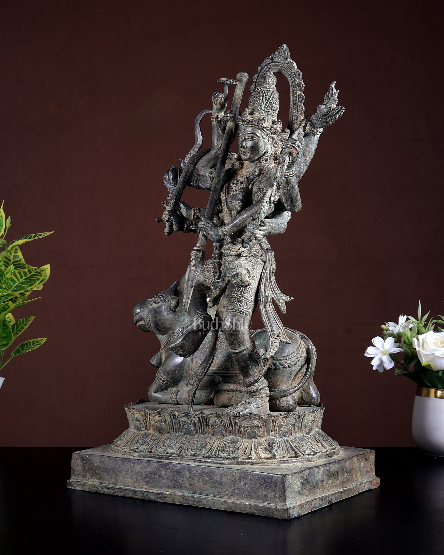 Bronze Adishakti Durga with Nandi Sculpture – Vintage Patina Finish 18 inch