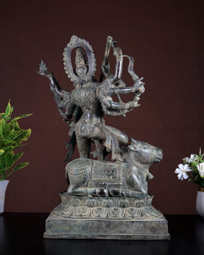 Bronze Adishakti Durga with Nandi Sculpture – Vintage Patina Finish 18 inch