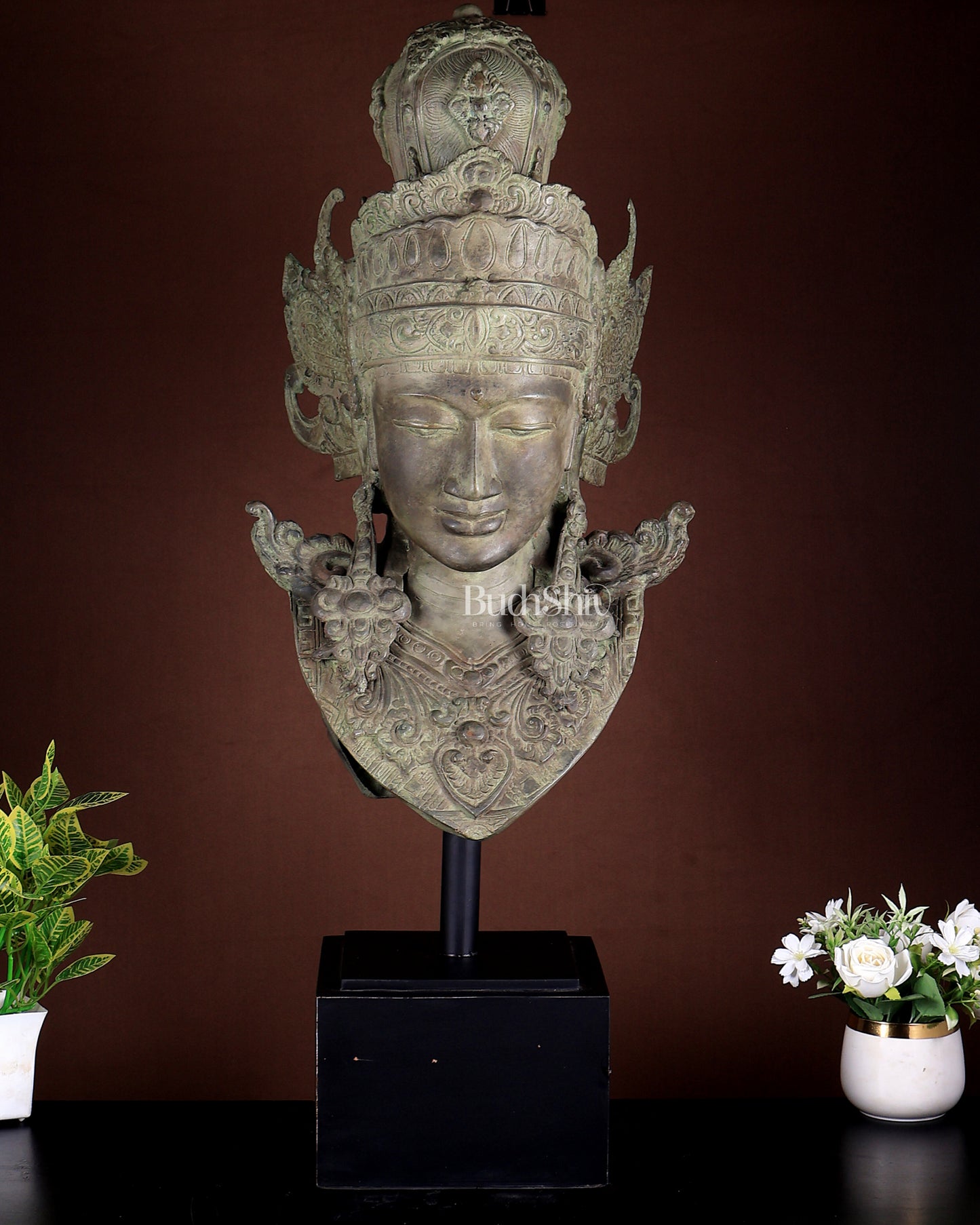 Bronze Goddess Lakshmi Face Bust With Garuda on Wooden Base  | Indonesian Art Sculpture 36 Inch