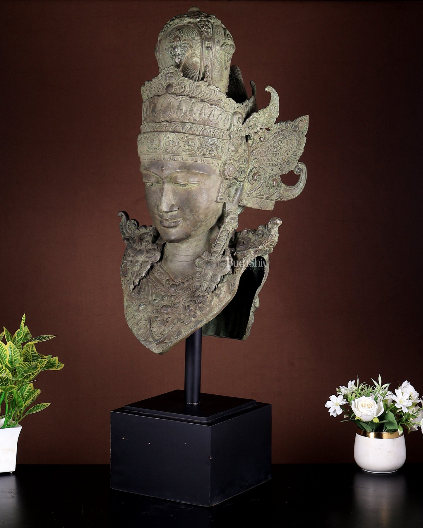 Bronze Goddess Lakshmi Face Bust With Garuda on Wooden Base  | Indonesian Art Sculpture 36 Inch
