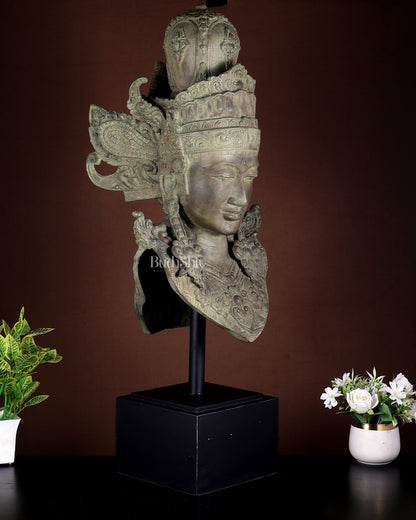 Bronze Goddess Lakshmi Face Bust With Garuda on Wooden Base  | Indonesian Art Sculpture 36 Inch