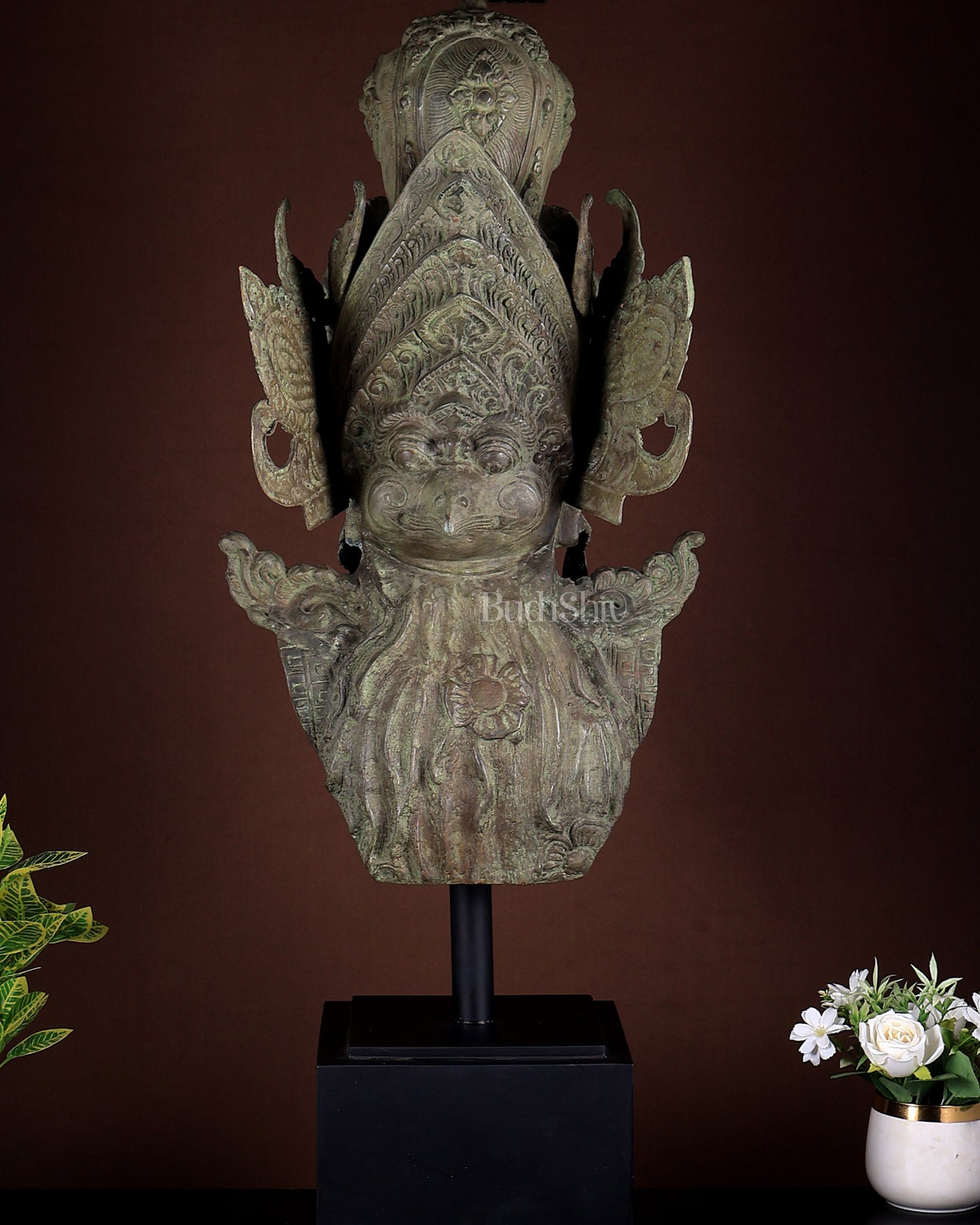 Bronze Goddess Lakshmi Face Bust With Garuda on Wooden Base  | Indonesian Art Sculpture 36 Inch