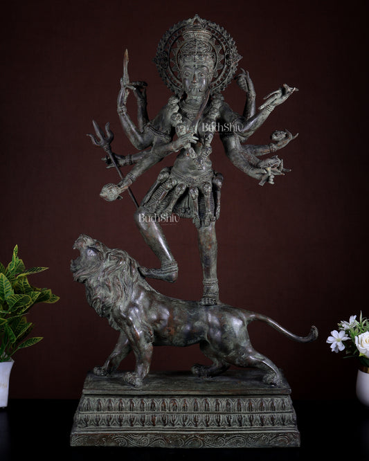 Bronze Fierce Kali Standing on Lion Statue | Patina Finish | 29 Inch Large Sculpture