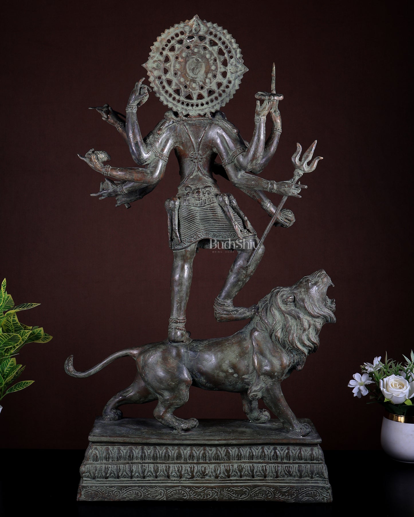 Bronze Fierce Kali Standing on Lion Statue | Patina Finish | 29 Inch Large Sculpture