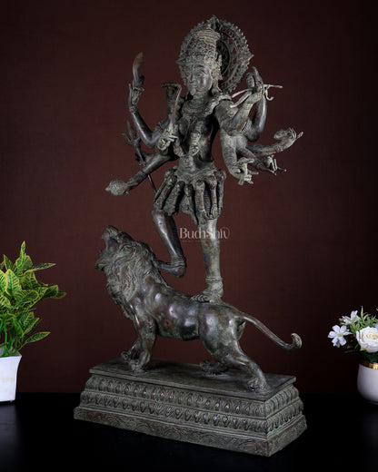 Bronze Fierce Kali Standing on Lion Statue | Patina Finish | 29 Inch Large Sculpture