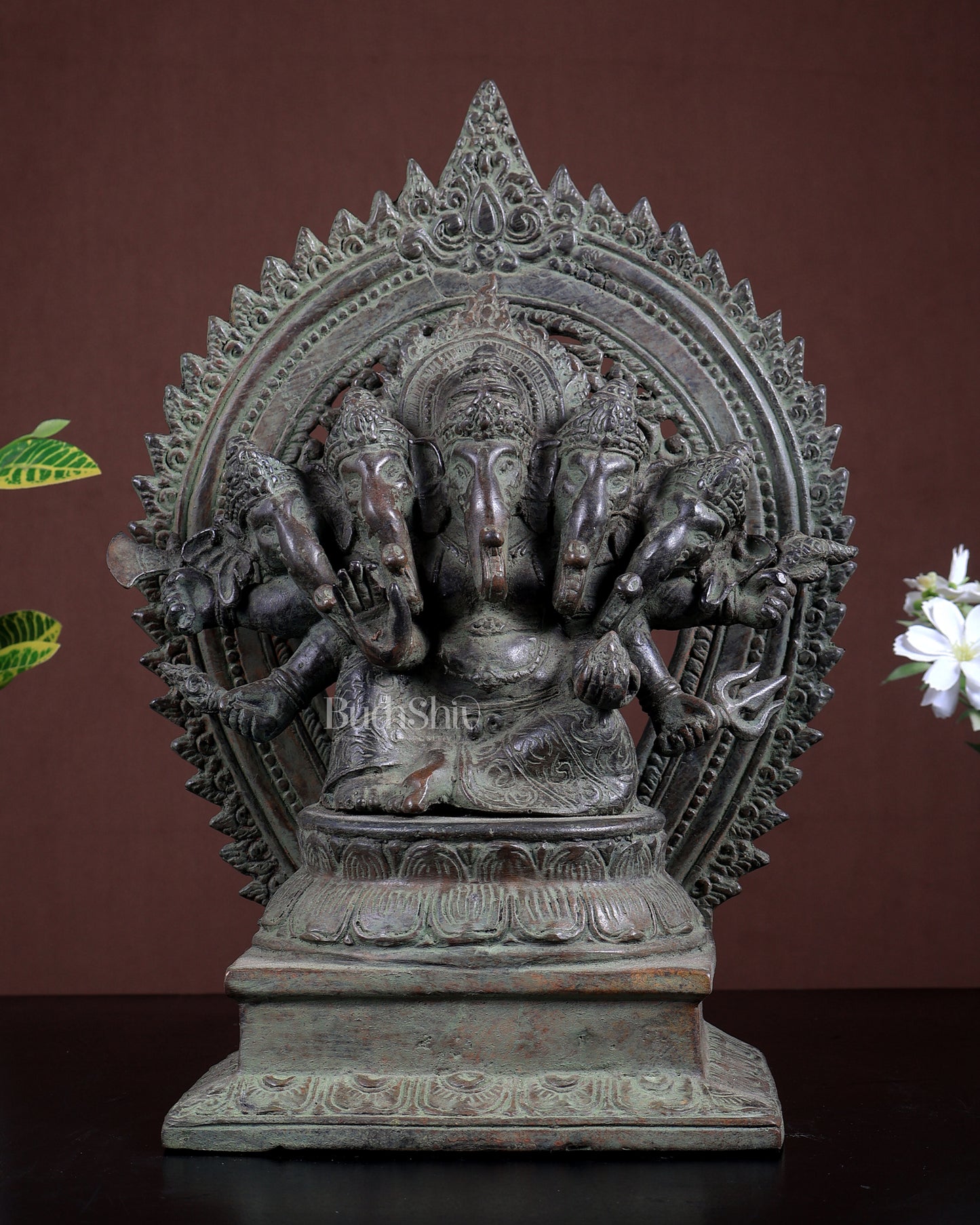 Bronze Panchmukhi Ganesha with Prabhavali | Antique Patina | 12.2" Handcrafted Idol