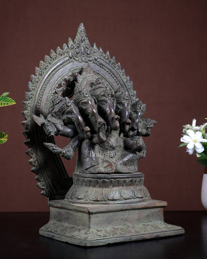 Bronze Panchmukhi Ganesha with Prabhavali | Antique Patina | 12.2" Handcrafted Idol