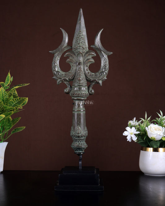 Bronze Trishul on Wooden & Metallic Stand – Indonesian Depiction