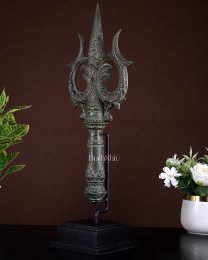 Bronze Trishul on Wooden & Metallic Stand – Indonesian Depiction