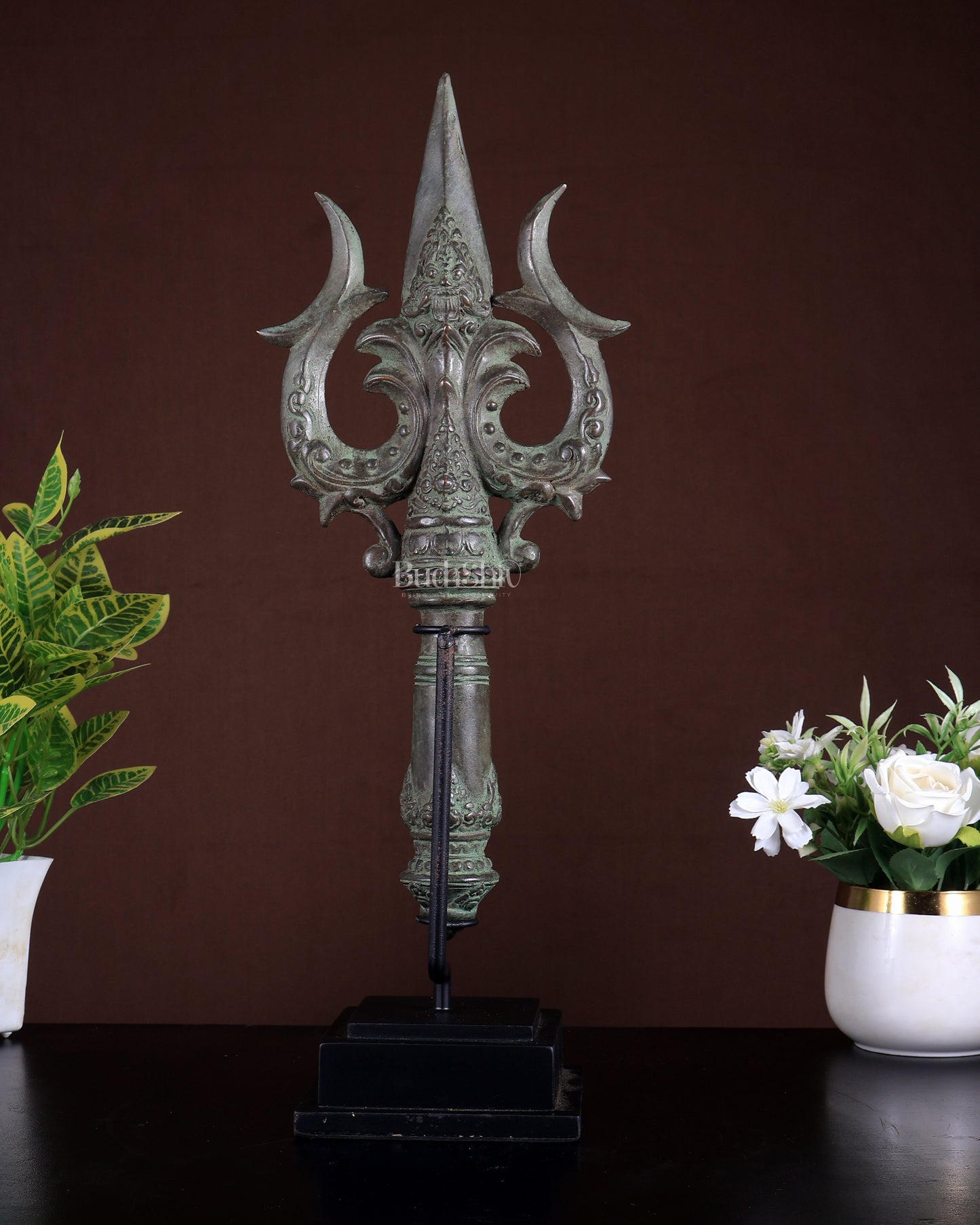 Bronze Trishul on Wooden & Metallic Stand – Indonesian Depiction