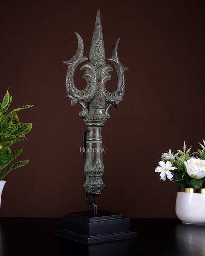 Bronze Trishul on Wooden & Metallic Stand – Indonesian Depiction