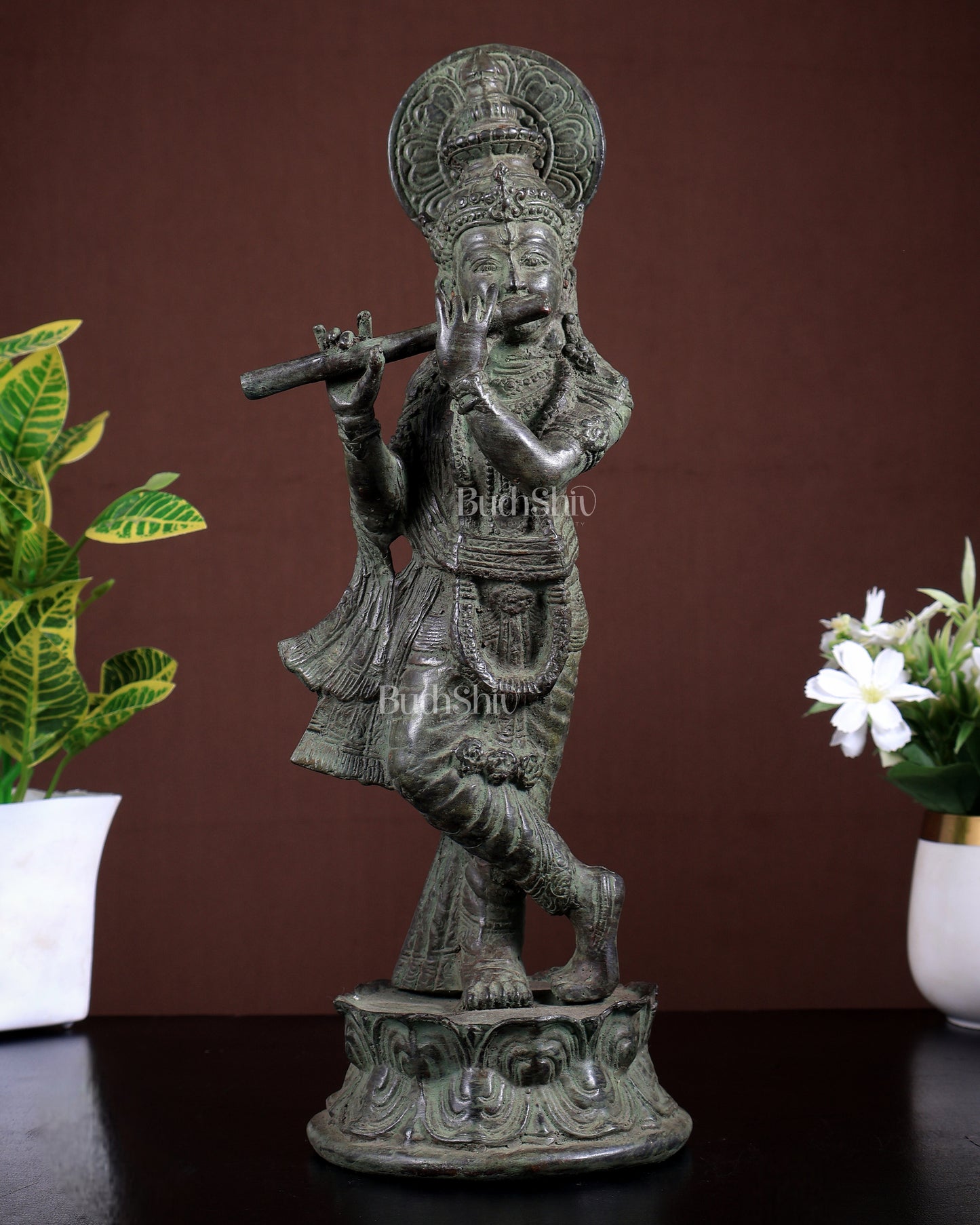 Bronze Krishna Statue – Antique Patina Indonesian Style 13.5 inch