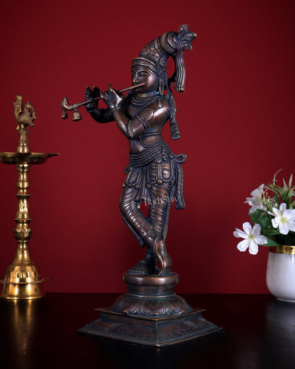 Unique Krishna Brass Statue with Slanted Crown – Dark Chocolate Finish 14.5 inch